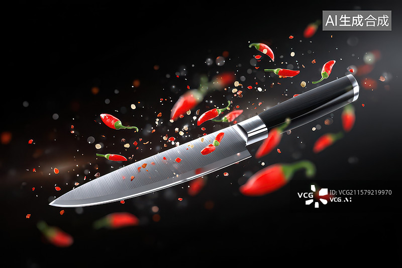 【AI数字艺术】锋利刀具切割红辣椒特写图片素材