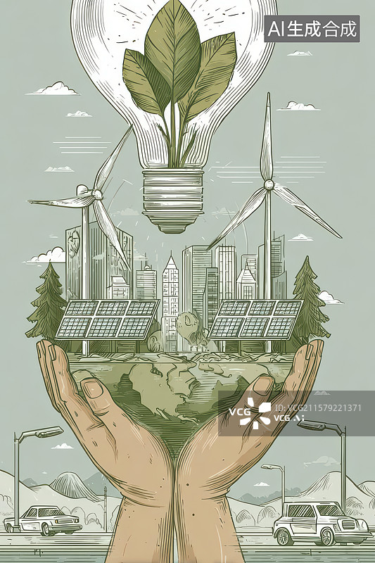 【AI数字艺术】双手托举绿色城市能源灯泡图片素材