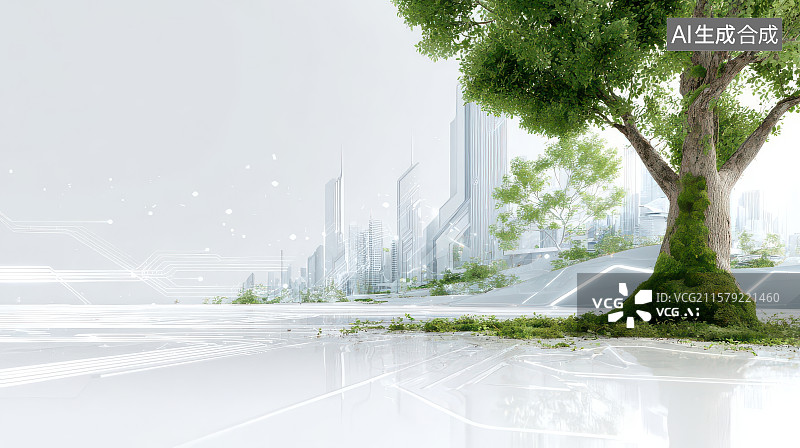 【AI数字艺术】城市建筑绿树生态景观图图片素材