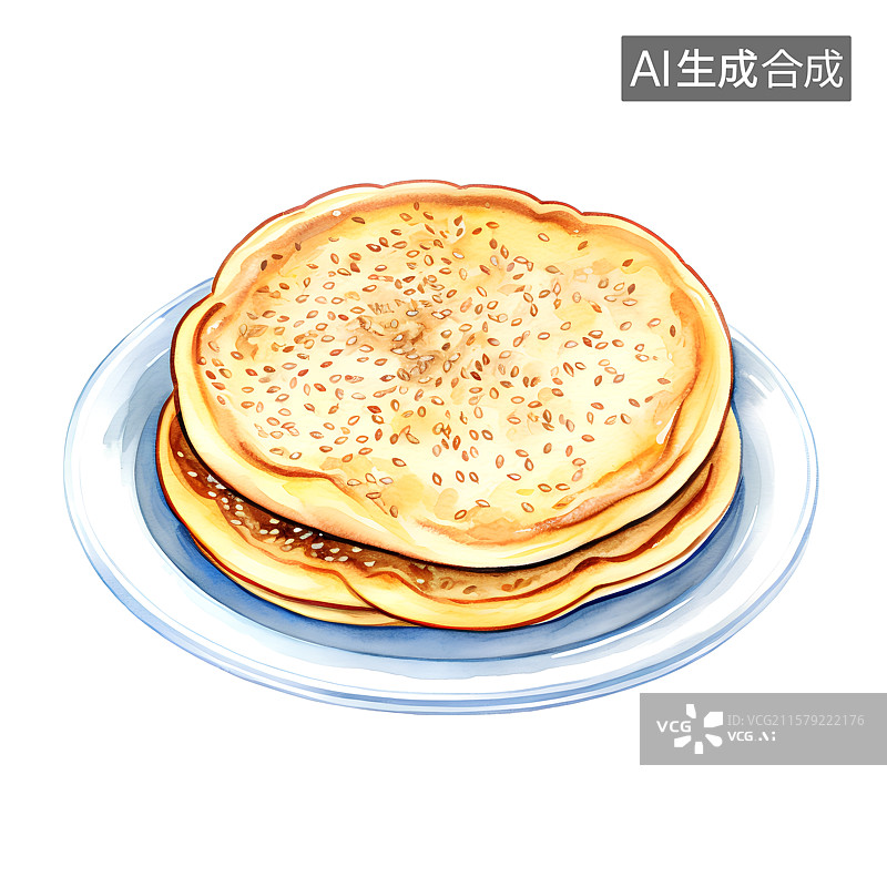 【AI数字艺术】国风手绘插画，中式面点，传统美食小吃，锅盔，烙饼馅饼，烧饼，煎饼图片素材