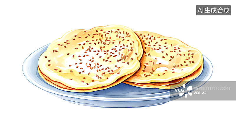 【AI数字艺术】国风手绘插画，中式面点，传统美食小吃，锅盔，烙饼馅饼，烧饼，煎饼图片素材