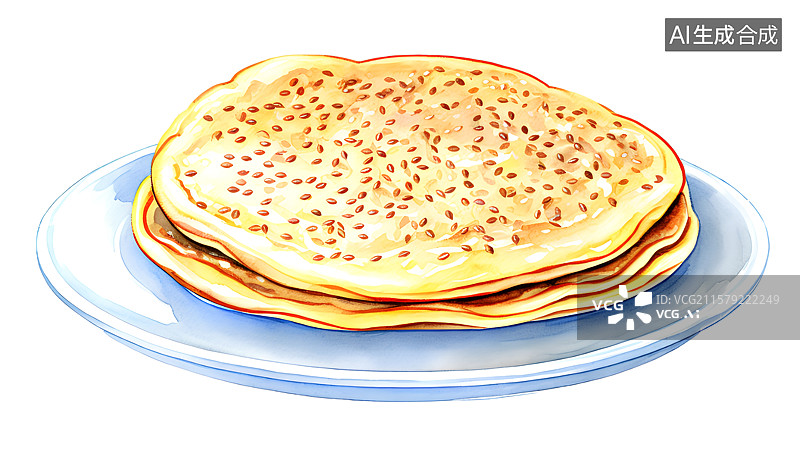 【AI数字艺术】国风手绘插画，中式面点，传统美食小吃，锅盔，烙饼馅饼，烧饼，煎饼图片素材