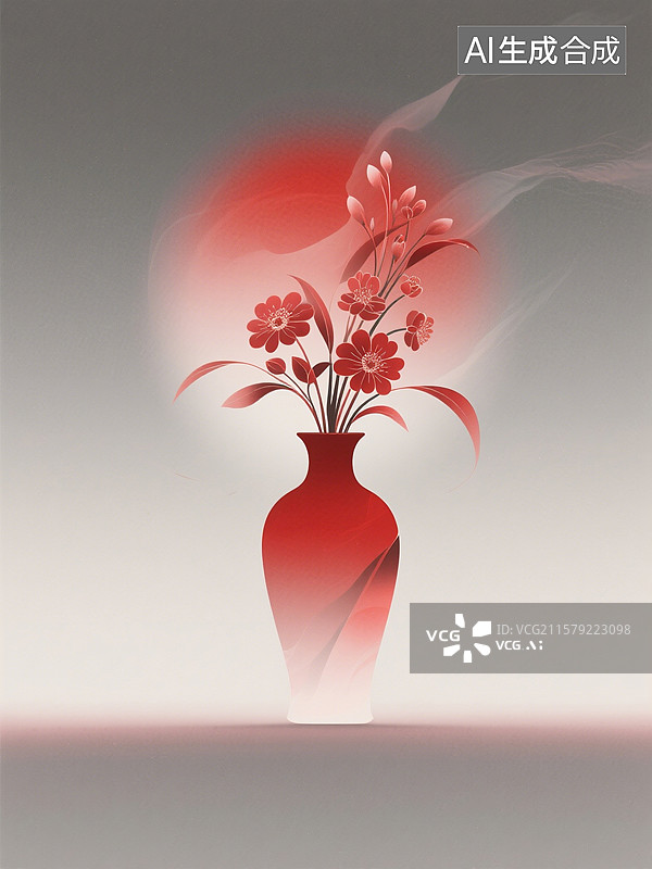 【AI数字艺术】国风手绘插画，中式美学，花瓶插花图片素材