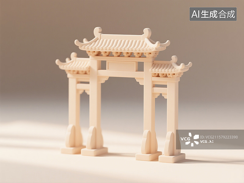 【AI数字艺术】3D渲染，中式古建筑，门楼，大门，国庆节，中秋节，春节，新年，传统节日设计元素图片素材