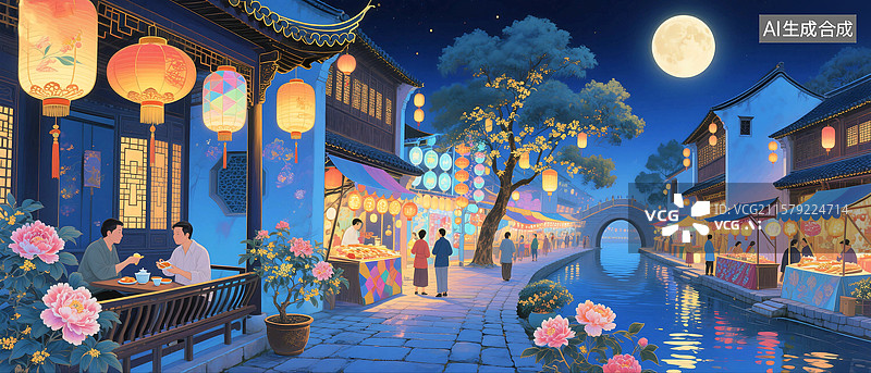 【AI数字艺术】中秋节夜晚月亮江南水乡古镇的场景图片素材