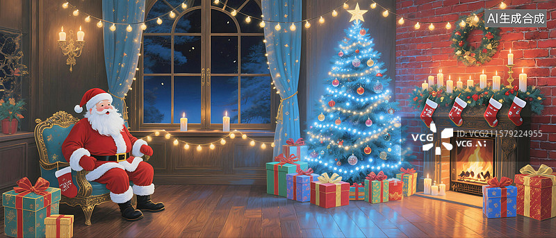 【AI数字艺术】3D立体三维C4D圣诞节下雪的夜晚木屋圣诞老人圣诞树圣诞礼物温暖壁炉图片素材