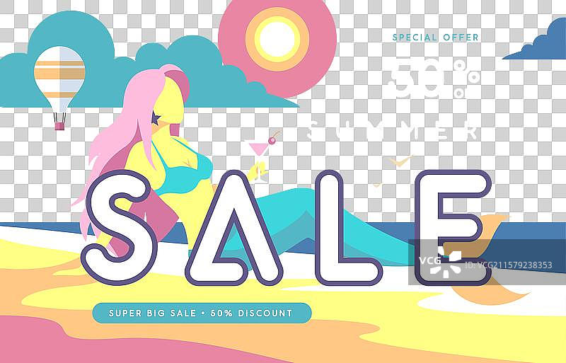 复古扁平风格的夏季大促销海报，配有美人鱼图片素材