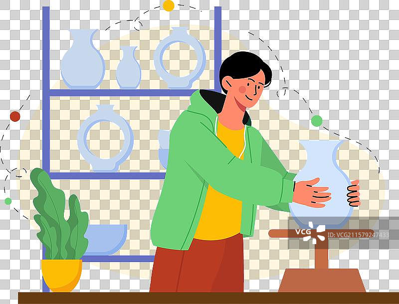 在工作室里的陶艺师与陶瓷罐图片素材