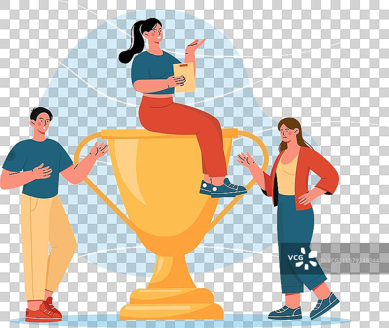 商务团队与奖杯，男女站立在一起图片素材