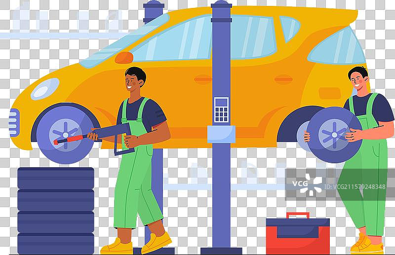 汽车服务概念，穿制服的男性正在拆卸轮胎图片素材