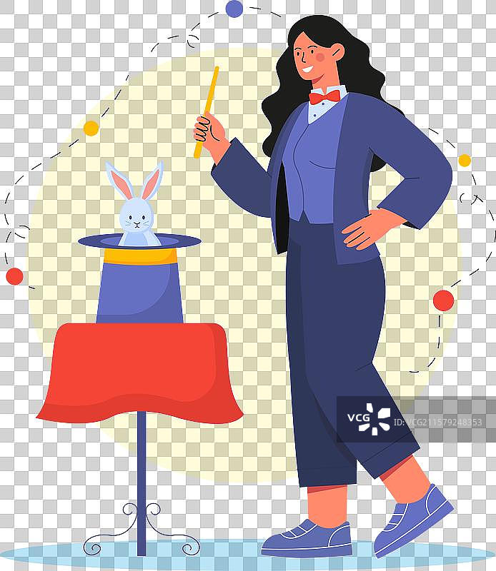 年轻女孩穿着西装的女魔术师概念图片素材