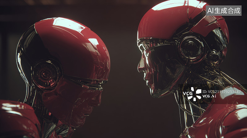 【AI数字艺术】面对面的红色仿生机器人展开思维交互图片素材