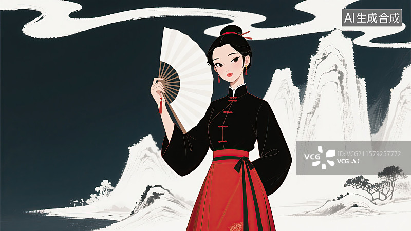 【AI数字艺术】美女，马面裙，折扇，传统文化，插画图片素材