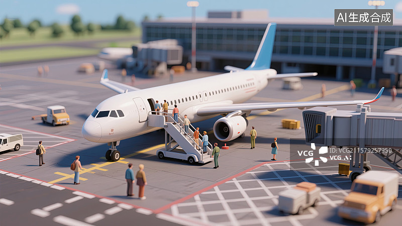 【AI数字艺术】3D，人群，机场，上飞机，微缩景观图片素材