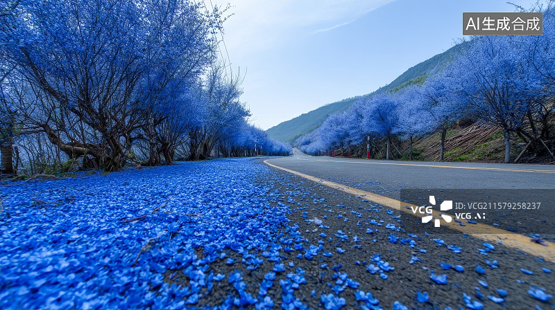 【AI数字艺术】蓝色森林树木公路背景图片素材