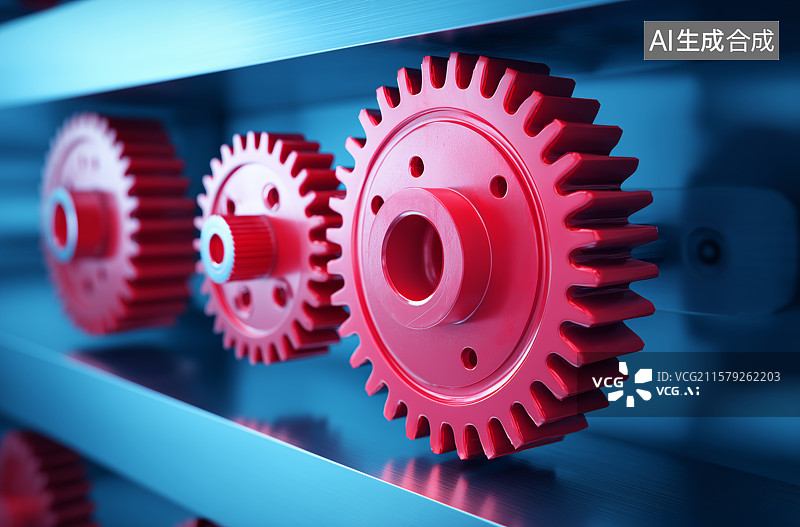 【AI数字艺术】红色齿轮排列在蓝色背景上图片素材