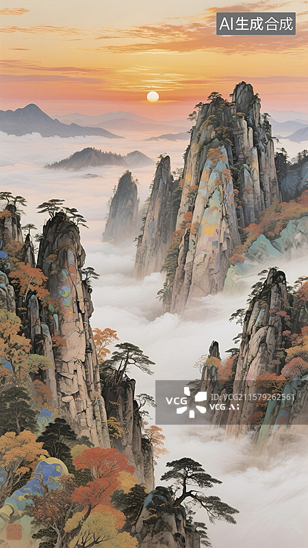 【AI数字艺术】中式山水日出风景插画图片素材