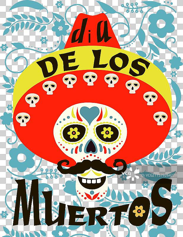 戴着花朵的墨西哥帽骷髅，亡灵节庆祝活动图片素材