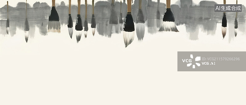 【AI数字艺术】一排各种各样的毛笔中国古代传统书画用具文房四宝书写绘画工具新国风水墨画诗词文学配图装饰画边框花边背景图片素材