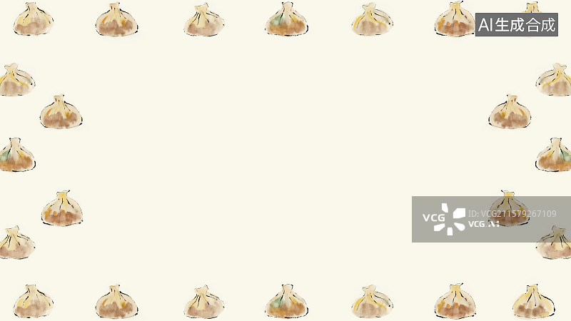 【AI数字艺术】复古中国风水墨画环绕背景，一些小笼包水煎包蒸蔬菜肉馅包子面点主食早茶早点中国传统小吃美食健康美味食品图片素材