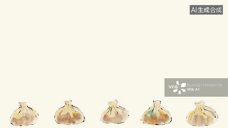 【AI数字艺术】复古中国风水墨画居下背景，一些小笼包水煎包蒸蔬菜肉馅包子面点主食早茶早点中国传统小吃美食健康美味食品图片素材