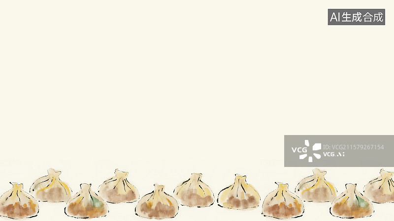 【AI数字艺术】复古中国风水墨画居下背景，一些小笼包水煎包蒸蔬菜肉馅包子面点主食早茶早点中国传统小吃美食健康美味食品图片素材