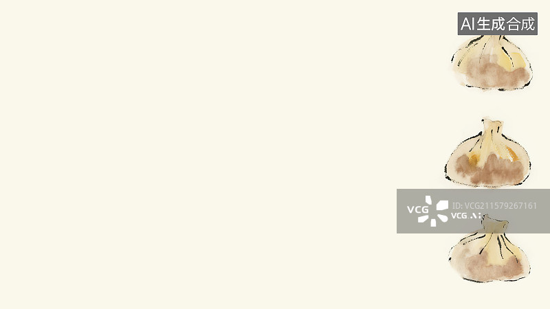 【AI数字艺术】复古中国风水墨画居右背景，一些小笼包水煎包蒸蔬菜肉馅包子面点主食早茶早点中国传统小吃美食健康美味食品图片素材