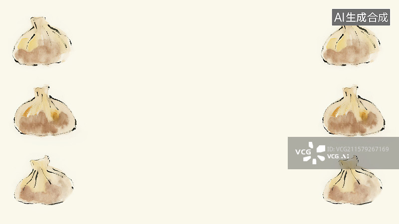 【AI数字艺术】复古中国风水墨画两侧背景，一些小笼包水煎包蒸蔬菜肉馅包子面点主食早茶早点中国传统小吃美食健康美味食品图片素材