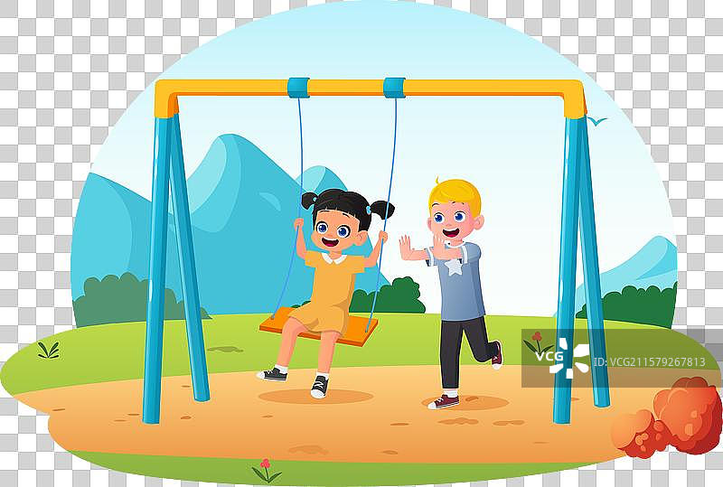 快乐的卡通孩子们在秋千上玩耍，女孩和男孩。图片素材