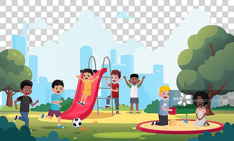 快乐的卡通孩子们在游乐场玩耍图片素材