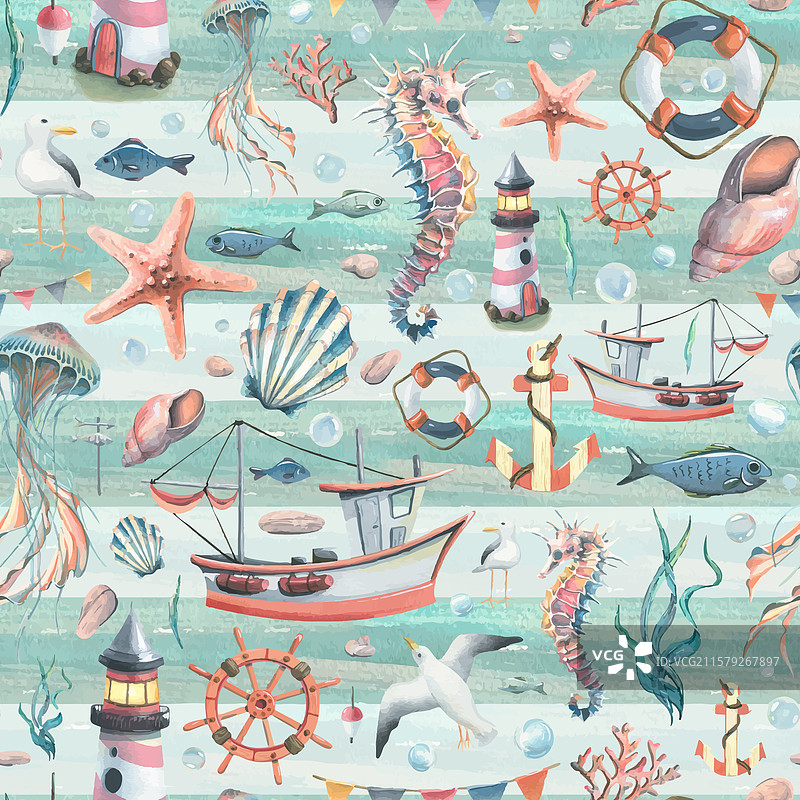 海洋动物、灯塔和带贝壳的船图片素材