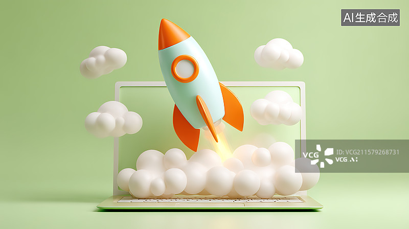 【AI数字艺术】飞出电脑的小火箭和创意创造概念图片素材