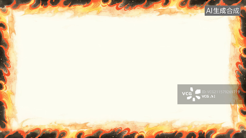【AI数字艺术】复古中国风水墨画常规背景，火焰火苗火花组成的装饰画印花图案花边边框角图 红色橙色黄色渐变熊熊烈火燃烧图片素材
