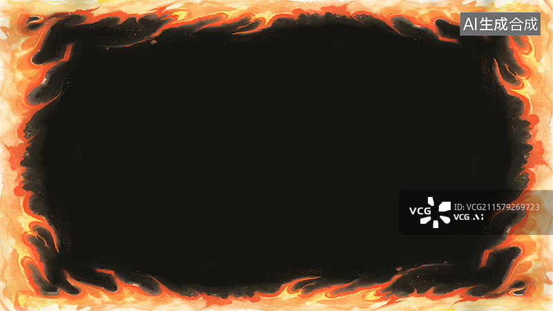 【AI数字艺术】复古中国风水墨画环绕背景，火焰火苗火花组成的装饰画印花图案花边边框角图 红色橙色黄色渐变熊熊烈火燃烧图片素材