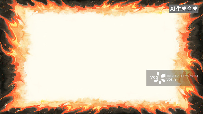 【AI数字艺术】复古中国风水墨画环绕背景，火焰火苗火花组成的装饰画印花图案花边边框角图 红色橙色黄色渐变熊熊烈火燃烧图片素材
