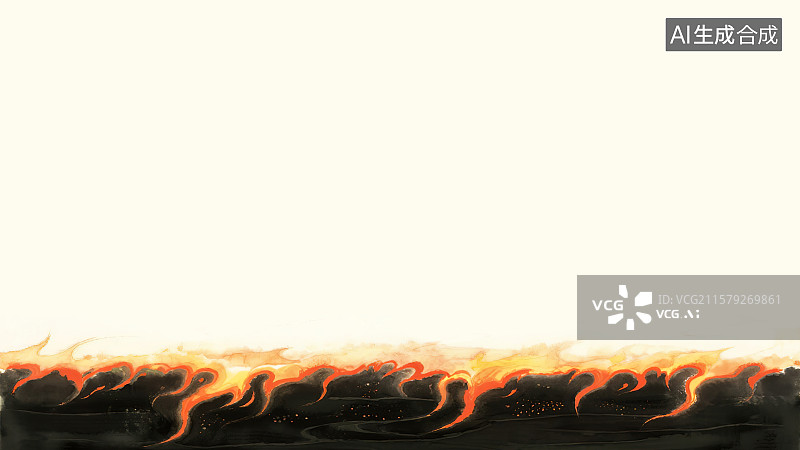 【AI数字艺术】复古中国风水墨画居下背景，火焰火苗火花组成的装饰画印花图案花边边框角图 红色橙色黄色渐变熊熊烈火燃烧图片素材
