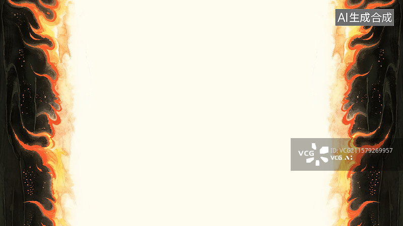 【AI数字艺术】复古中国风水墨画两侧背景，火焰火苗火花组成的装饰画印花图案花边边框角图 红色橙色黄色渐变熊熊烈火燃烧图片素材