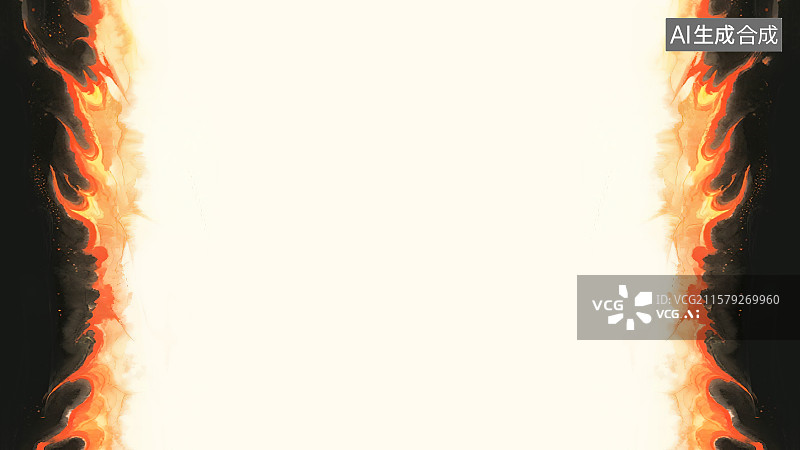 【AI数字艺术】复古中国风水墨画两侧背景，火焰火苗火花组成的装饰画印花图案花边边框角图 红色橙色黄色渐变熊熊烈火燃烧图片素材