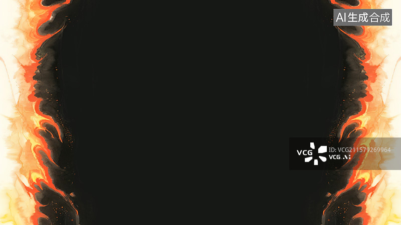 【AI数字艺术】复古中国风水墨画两侧背景，火焰火苗火花组成的装饰画印花图案花边边框角图 红色橙色黄色渐变熊熊烈火燃烧图片素材
