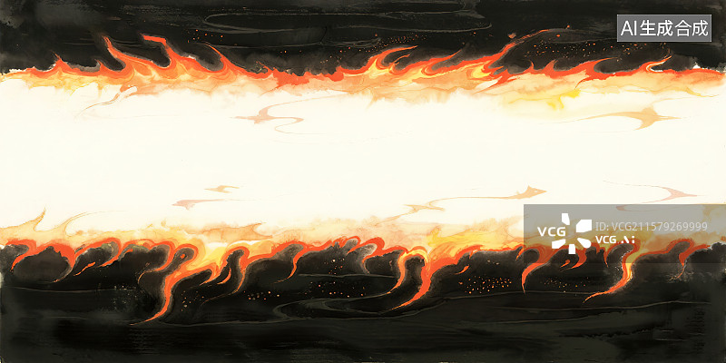 【AI数字艺术】火焰火苗火花篝火组成的装饰画印花图案花边边框角图 新国风手绘水墨画红色橙色黄色渐变熊熊烈火燃烧背景板图片素材