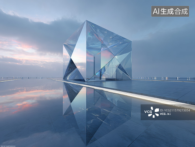 【AI数字艺术】镜界天穹：水畔玻璃方盒的晨昏交响图片素材