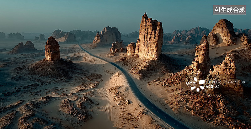 【AI数字艺术】航拍无人区雅丹柏油路图片素材