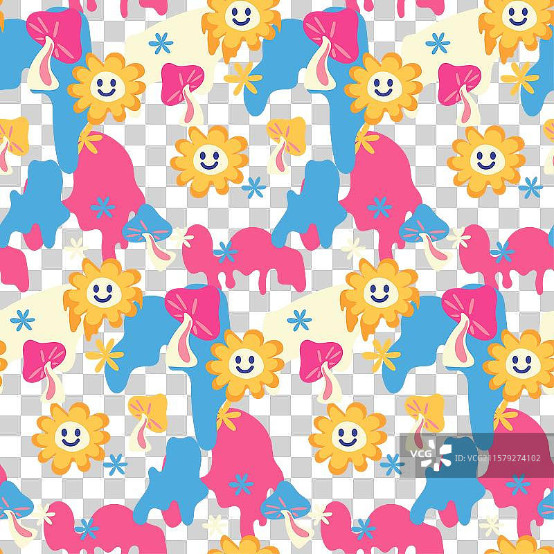 蓝色背景上的花朵和笑脸无缝图案图片素材