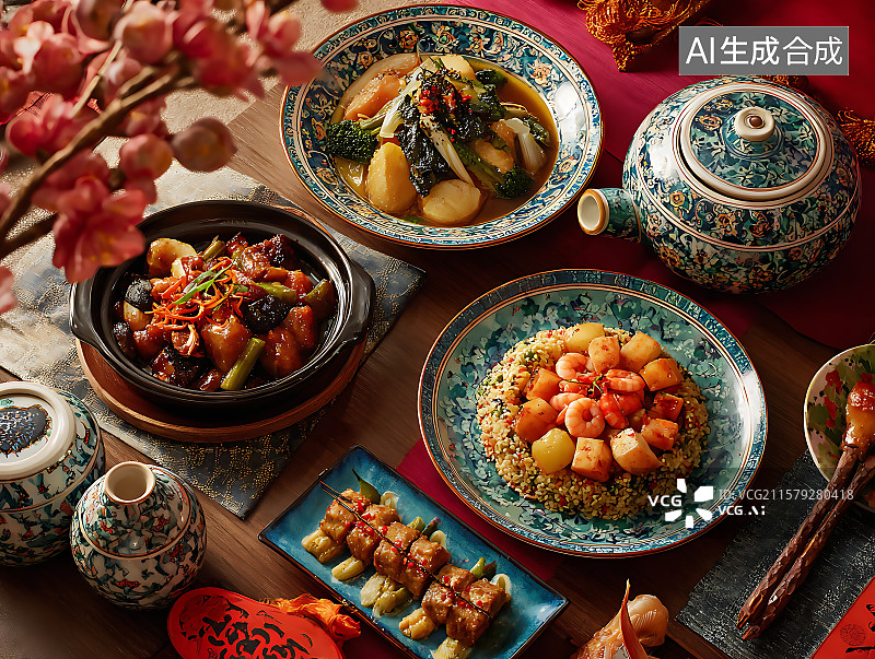 【AI数字艺术】中国传统美食春节年夜饭中式宴席满汉全席图片素材