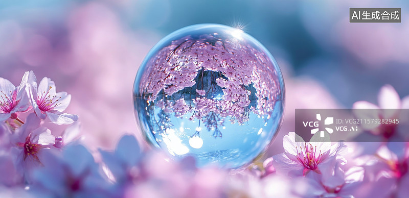 【AI数字艺术】水晶球中的粉色樱花倒影图片素材