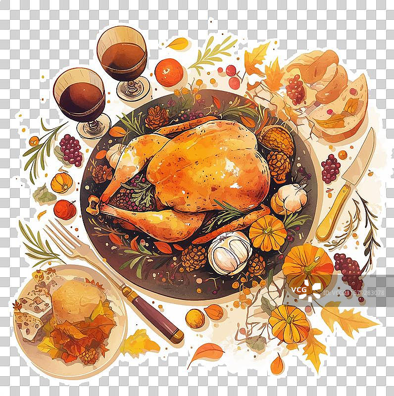 一幅水彩画，描绘了一只火鸡和一把叉子图片素材