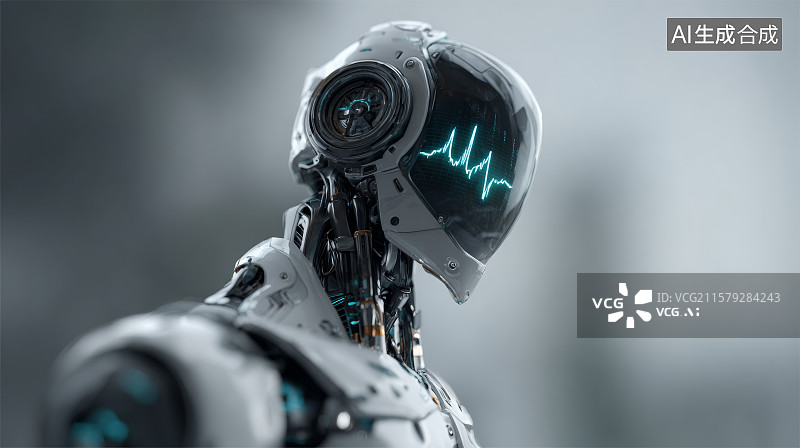 【AI数字艺术】仿生机器人侧脸展示声波数据界面图片素材