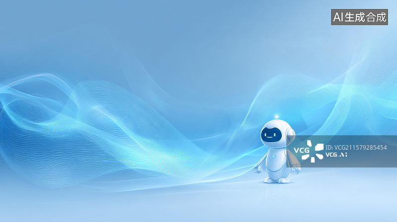 【AI数字艺术】能量波光线包围中站立的迷你机器人图片素材