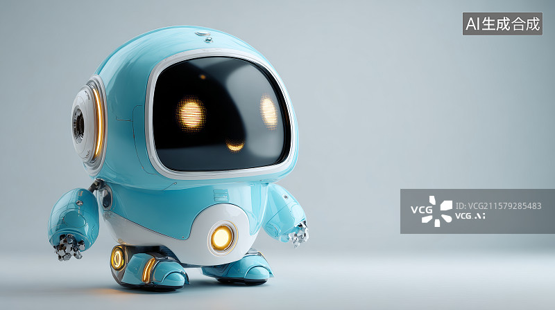 【AI数字艺术】浅蓝色迷你机器人站在中性背景前图片素材