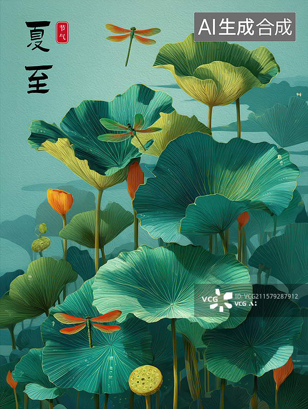 【AI数字艺术】一张池塘海报, 池塘上有一只蜻蜓图片素材